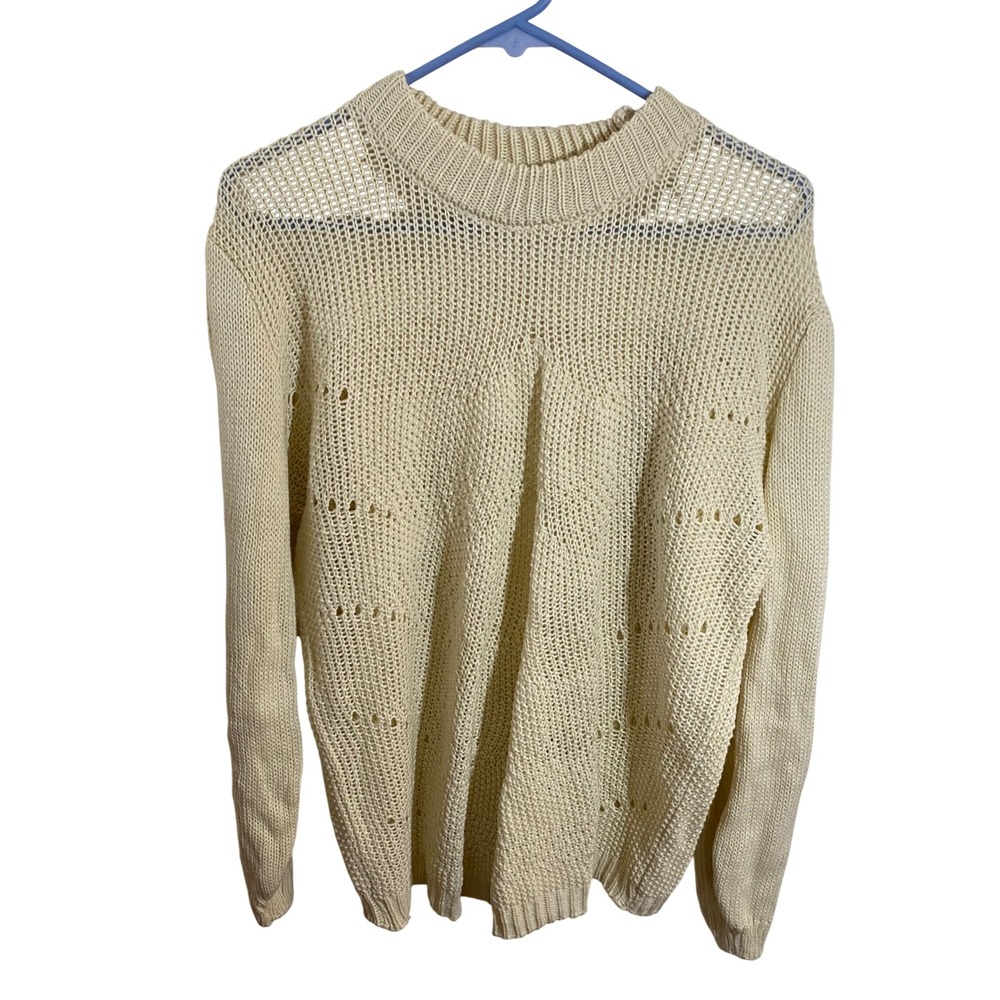 NOWRAIN Women Cream Pointelle Knit Sweater Crew Neck Long Sleeve XL Creamy White